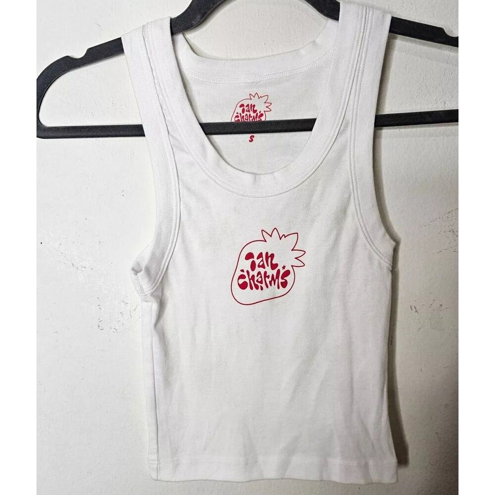 Ian Charms White Crop Scoop Neck Sleeveless Tank Top Red Ian Charms Logo Small